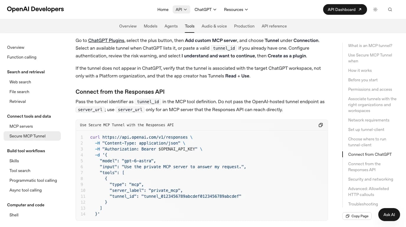 OpenAI's Secure MCP Tunnel page, Connect from ChatGPT and Connect from the Responses API: the ChatGPT steps, a note that the tunnel must be associated with the target workspace, and a curl example calling the Responses API with model gpt-6-astra and an mcp tool that uses tunnel_id instead of server_url
