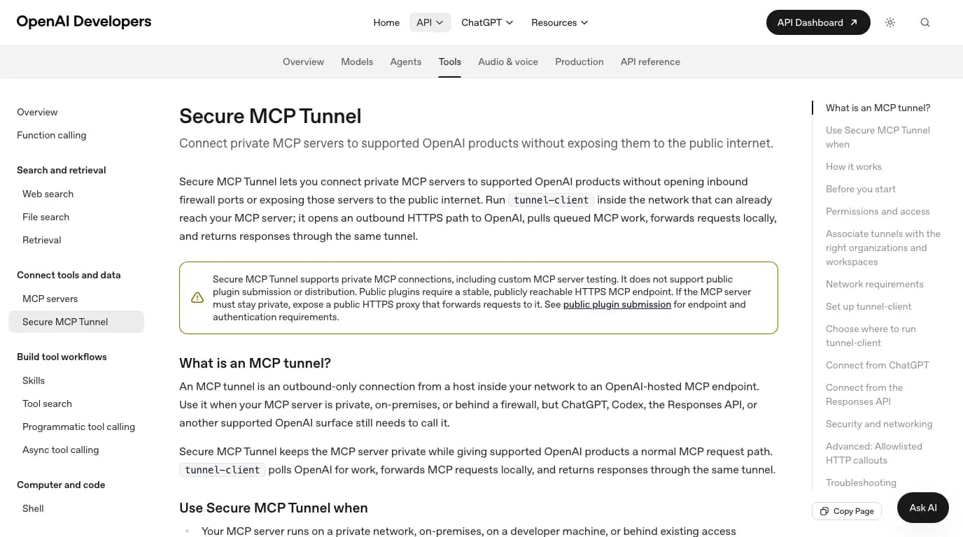 OpenAI's Secure MCP Tunnel documentation page: connect private MCP servers to supported OpenAI products without exposing them to the public internet, with a note that it does not support public plugin submission, and the explanation that tunnel-client is an outbound-only connection from inside your network