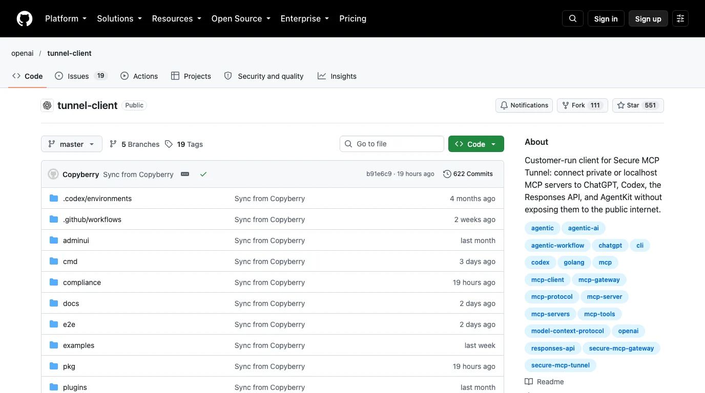 The openai/tunnel-client repository on GitHub with 551 stars, 111 forks, 19 tags and 622 commits, described as a customer-run client for Secure MCP Tunnel that connects private or localhost MCP servers to ChatGPT, Codex, the Responses API and AgentKit