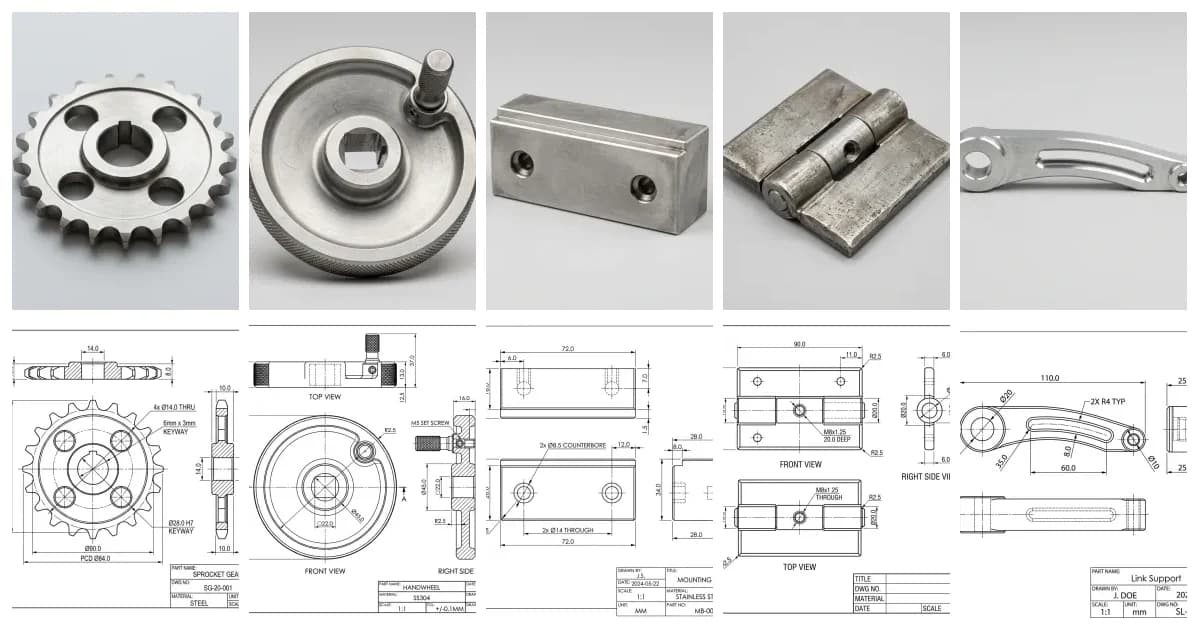 A montage: a top row of five real product photos, a chain sprocket, a handwheel, a vise soft jaw, a weld-on hinge and a belt-tensioner arm, above a bottom row of the matching 2D orthographic technical drawings