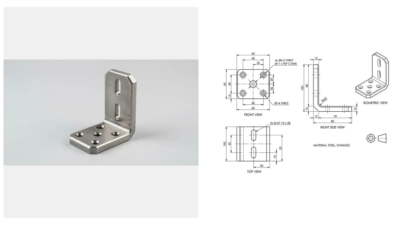 A photo of a machined steel mounting bracket beside the dimensioned orthographic technical drawing generated from it, showing the photo to drawing step no MCP server provides