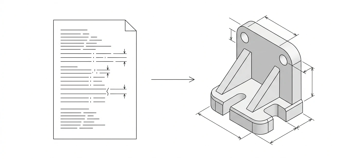 Concept diagram: a written parametric specification on the left feeding into a shaded 3D solid CAD model on the right