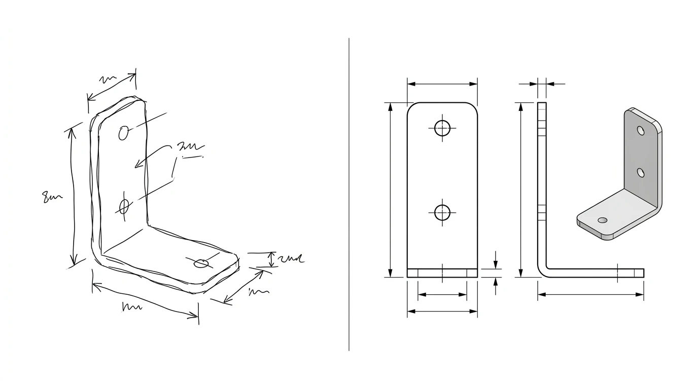 Left: a naive AI attempt at a technical drawing with wobbly lines and meaningless squiggle dimensions. Right: the same bracket as a correct, to-scale orthographic drawing