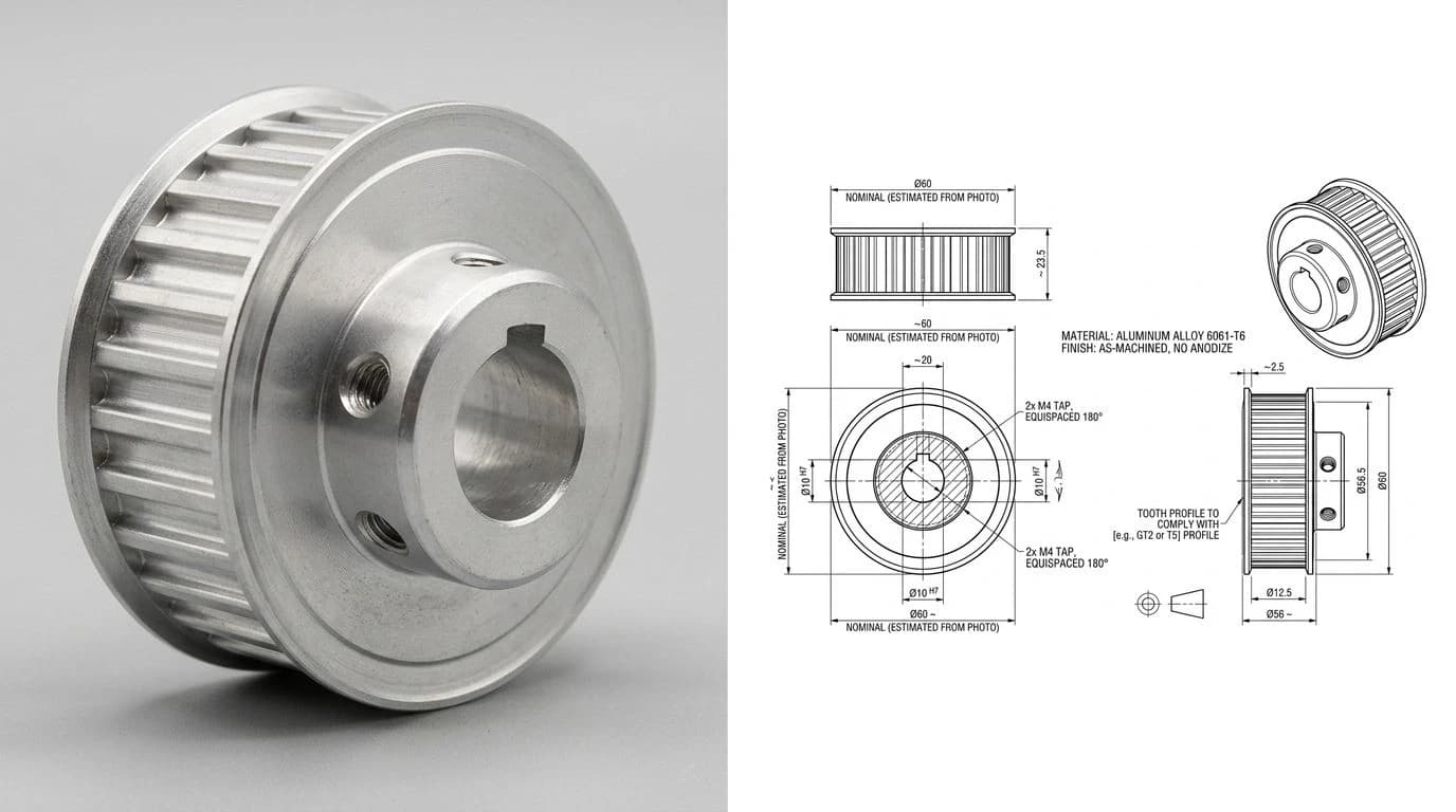 A photo of a CNC-machined aluminium timing pulley on the left, and the fully dimensioned 2D technical drawing generated from it, ready to export as DXF, on the right
