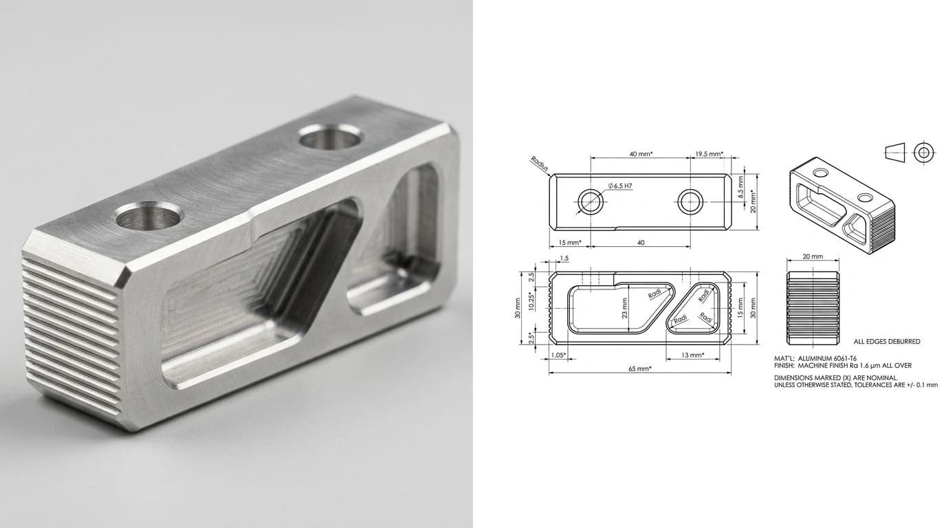 A photo of a machined aluminium robotics gripper jaw on the left and its dimensioned 2D technical drawing on the right, the kind of file people want Claude to read and write