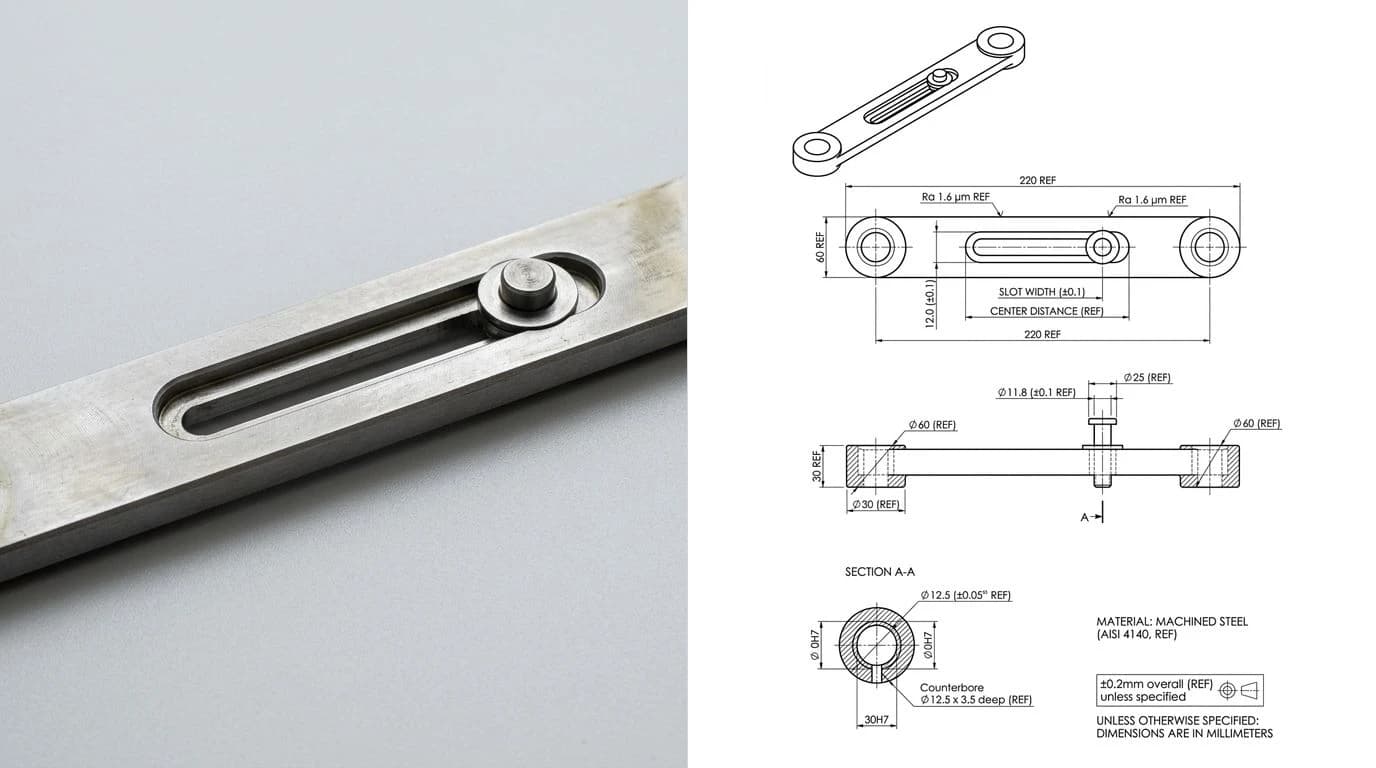 A photo of a machined steel adjustable linkage arm on the left and its dimensioned technical drawing on the right with bore and slot callouts