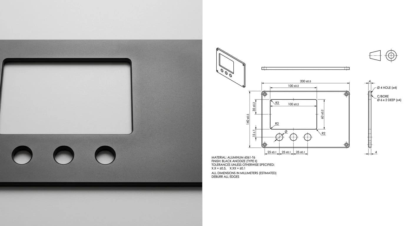 A photo of an anodised aluminium instrument front panel on the left and its dimensioned technical drawing on the right with cutout and hole dimensions