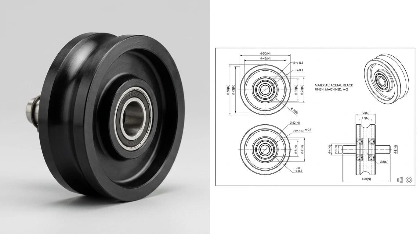 A photo of a black acetal idler roller wheel on the left and its dimensioned technical drawing on the right with a V-groove profile section