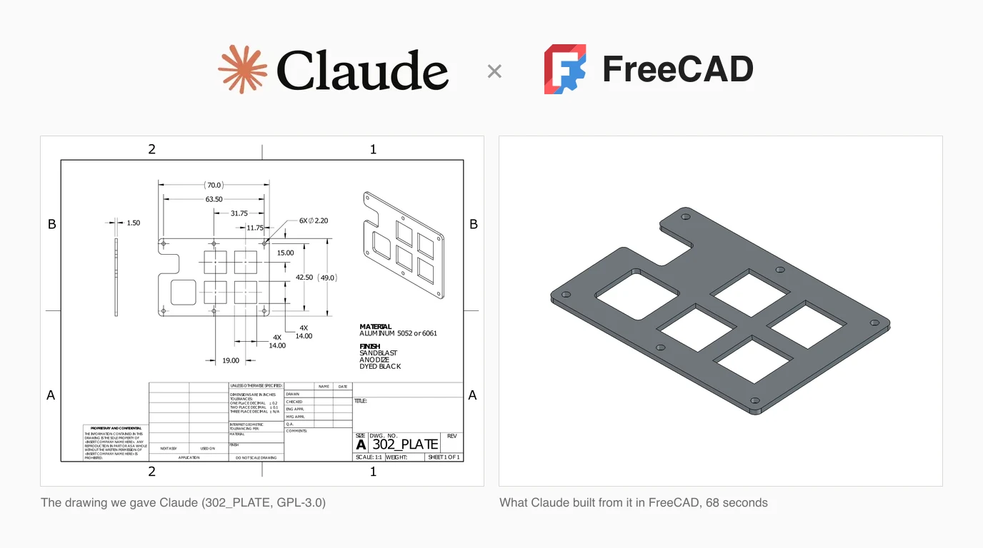The Claude and FreeCAD logos above two images: a dimensioned drawing of a 70 by 49 mm aluminium plate, and FreeCAD's render of the plate Claude modelled from it, with six small holes, four square cutouts, a rounded cutout and a slot