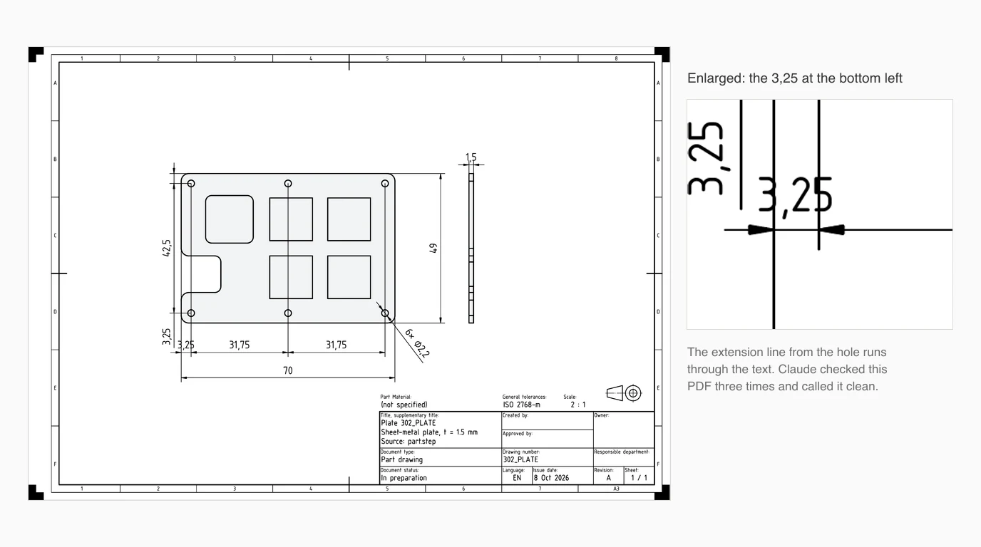 An A3 FreeCAD TechDraw sheet with the plate's face view, a thin side view and dimensions 70, 49, 42.5, 31.75, 3.25 and 6x diameter 2.2, beside an enlargement where a vertical extension line passes through the text 3,25