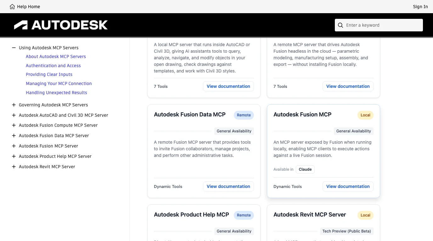 Four cards on the Autodesk MCP documentation home: Fusion Data MCP, Remote, General Availability, Dynamic Tools; Fusion MCP, Local, General Availability, Available in Claude, Dynamic Tools; Product Help MCP, Remote, General Availability; Revit MCP Server, Local, Tech Preview (Public Beta).
