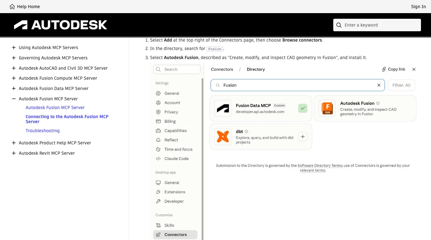 Autodesk's connecting page showing the three steps to add the connector and its screenshot of the Claude Desktop connector directory with Fusion typed in the search box. Two tiles: Fusion Data MCP marked Custom with a green tick, and Autodesk Fusion, Create, modify, and inspect CAD geometry in Fusion. The left sidebar shows Settings, Desktop app and Customize sections with Connectors selected.