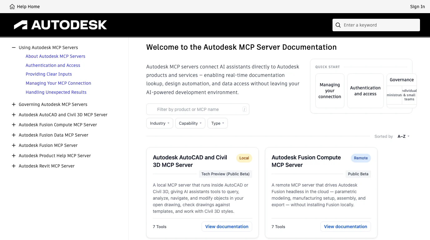 The Autodesk MCP Server Documentation home page with a left navigation listing six servers: AutoCAD and Civil 3D, Fusion Compute, Fusion Data, Fusion, Product Help and Revit. Two cards are visible: AutoCAD and Civil 3D MCP Server, Local, Tech Preview (Public Beta), 7 Tools; and Fusion Compute MCP Server, Remote, Public Beta, 7 Tools.