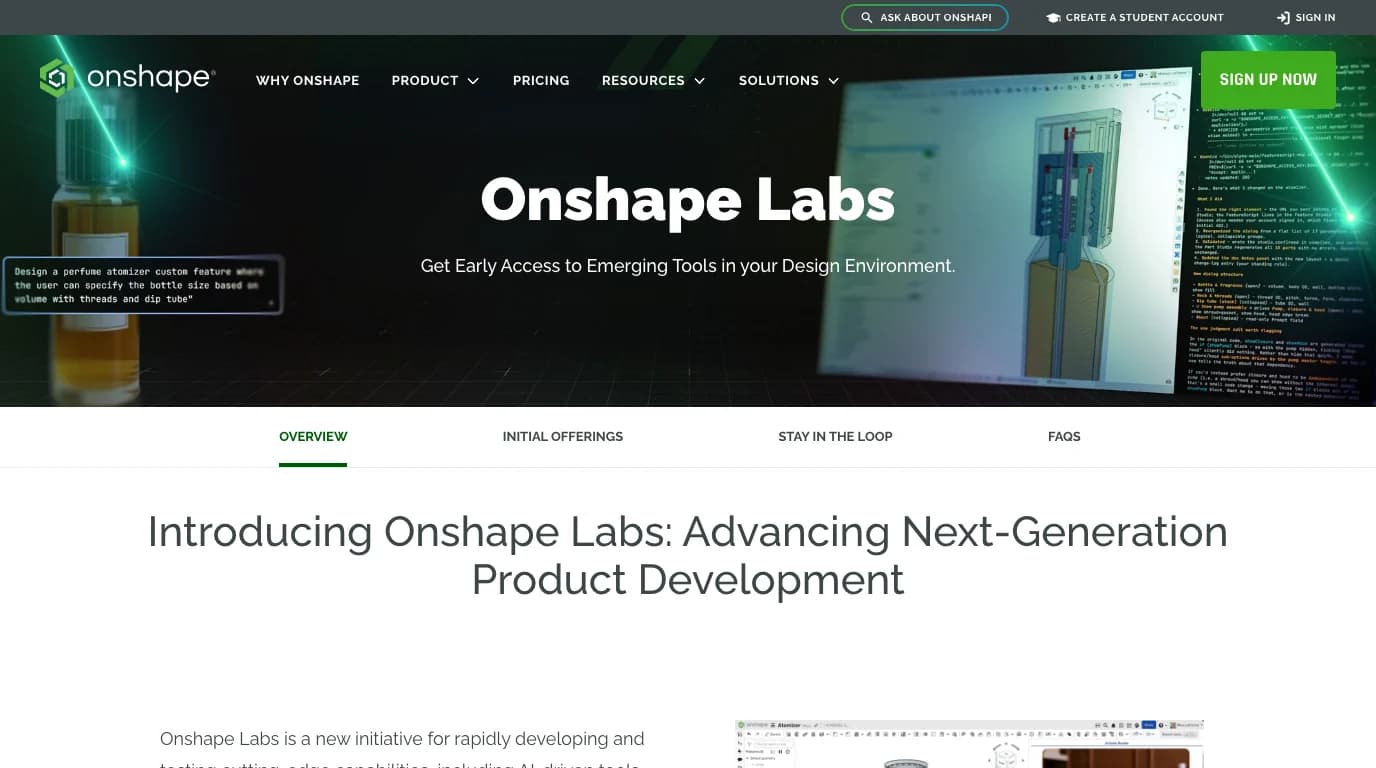 The Onshape Labs page: Get Early Access to Emerging Tools in your Design Environment, with a hero image of a perfume atomizer prompt, Design a perfume atomizer custom feature where the user can specify the bottle size based on volume with threads and dip tube, and an Onshape window with generated FeatureScript.