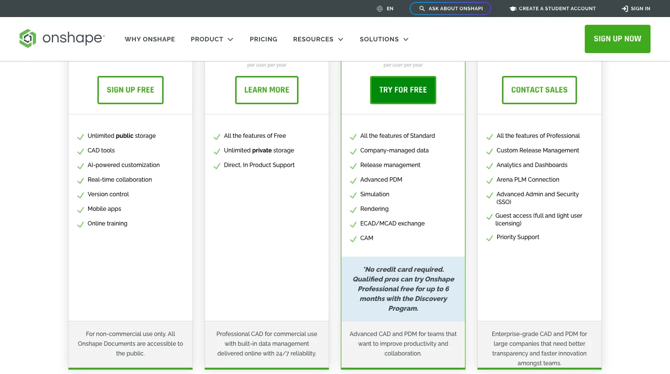 Onshape's pricing page columns. The Free column lists unlimited public storage, CAD tools, AI-powered customization, real-time collaboration, version control, mobile apps and online training, with the footer: For non-commercial use only. All Onshape Documents are accessible to the public. The Standard column adds unlimited private storage.