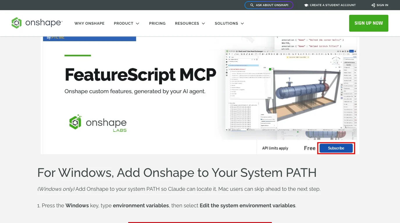 Onshape's tech tip page showing its screenshot of the App Store listing: FeatureScript MCP, Onshape custom features generated by your AI agent, Onshape Labs, with the line API limits apply, the price Free and a Subscribe button outlined in red. Below it the heading For Windows, Add Onshape to Your System PATH.