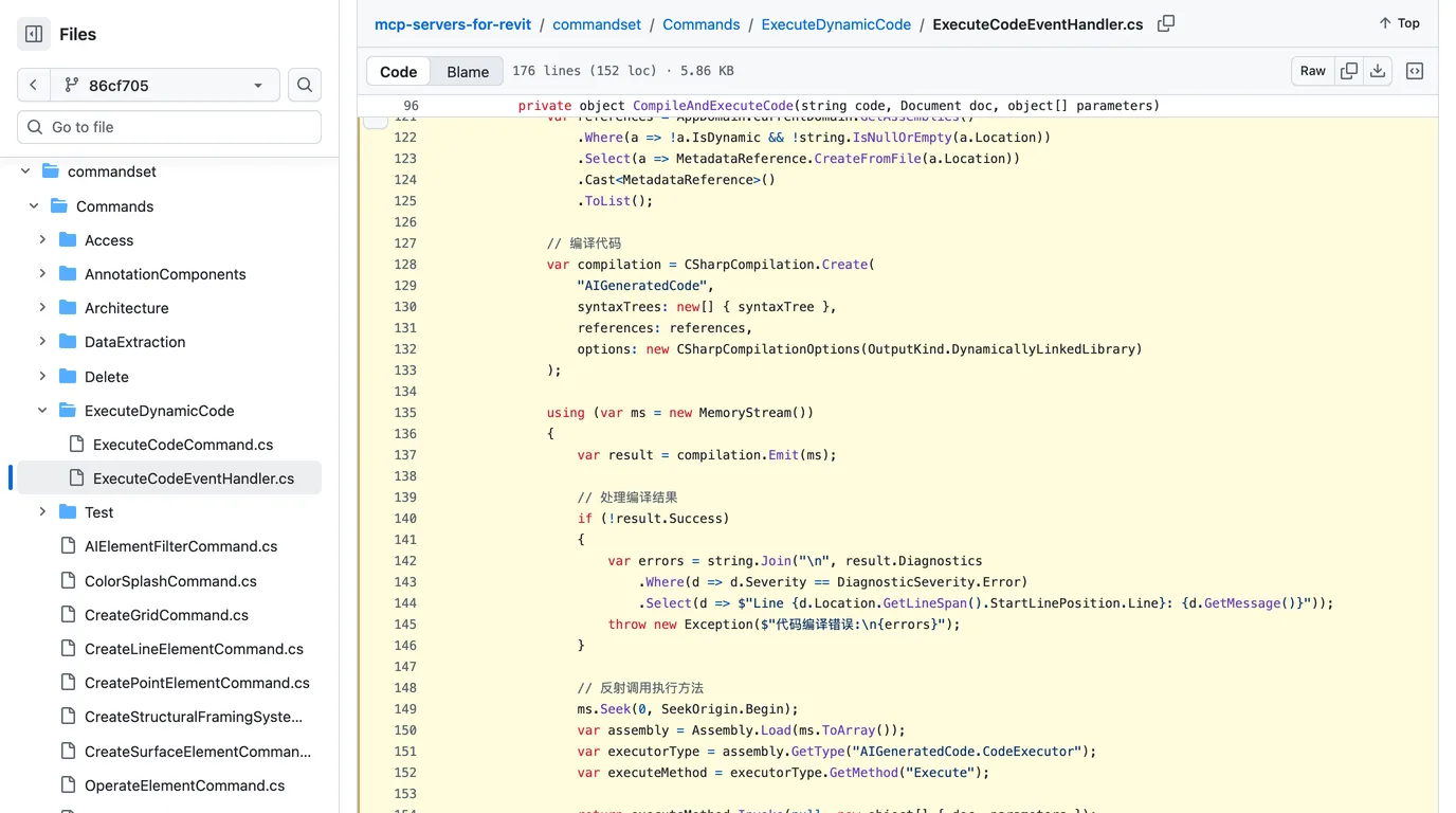 Lines 121 to 153 of ExecuteCodeEventHandler.cs on GitHub: references built from every loaded assembly, a CSharpCompilation named AIGeneratedCode, Emit to a memory stream, Assembly.Load and a call to the Execute method
