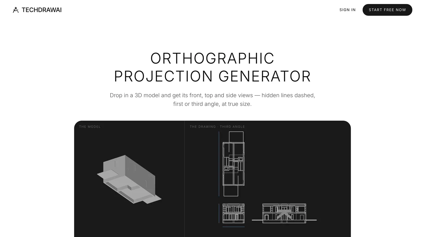 TechDraw AI's orthographic projection generator with the duplex loaded: a grey 3D model on the left and its top, front and side views drawn as lines on the right