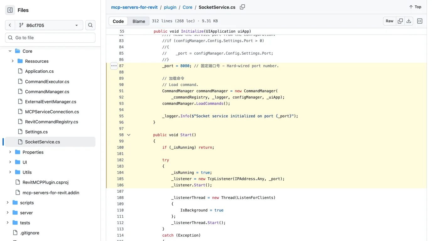 Lines 82 to 115 of plugin/Core/SocketService.cs in mcp-servers-for-revit on GitHub, with line 87 setting the port to 8080 and line 105 creating a TcpListener on IPAddress.Any