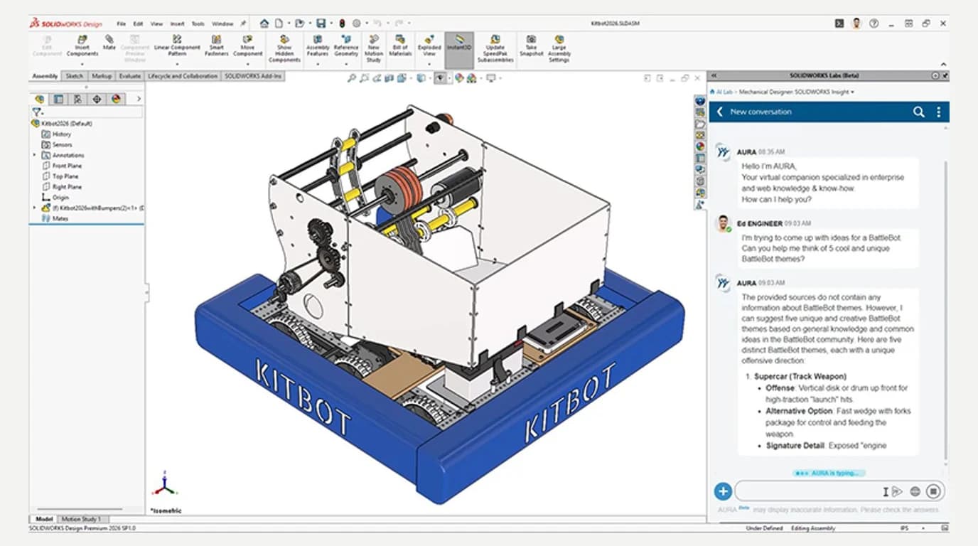 A SOLIDWORKS Design Premium 2026 window with a robot assembly in the model area and, on the right, a SOLIDWORKS Labs panel in which Dassault's AURA assistant answers an engineer's question