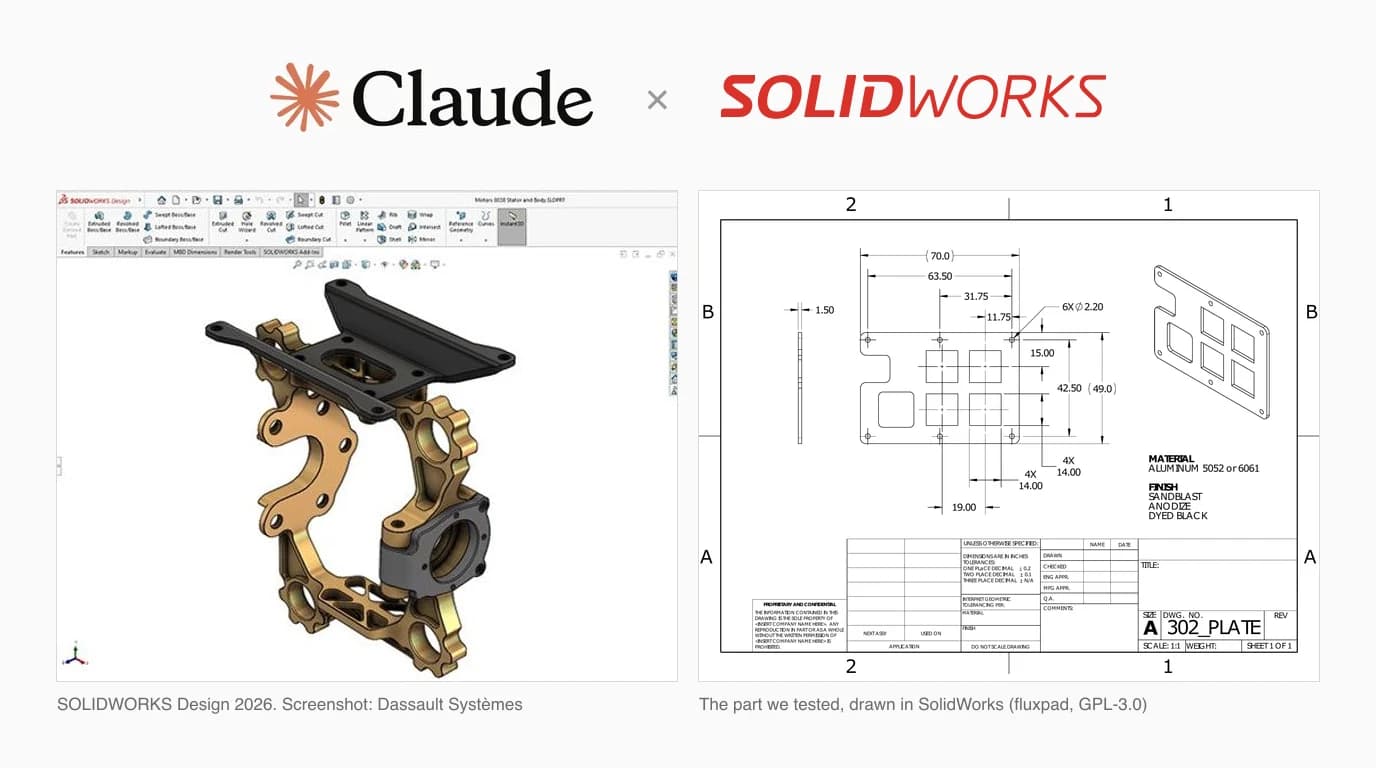 The Claude and SOLIDWORKS logos above two SolidWorks images: a SOLIDWORKS Design 2026 screenshot of a machined part, and the SolidWorks drawing of the 70 by 49 mm keypad plate tested in this article