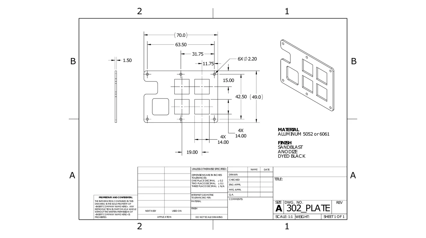 The SolidWorks drawing of the 302_PLATE keypad plate: a 70 by 49 mm plate, 1.5 mm thick, six 2.2 mm holes and four 14 mm cutouts, with a title block that says dimensions are in inches