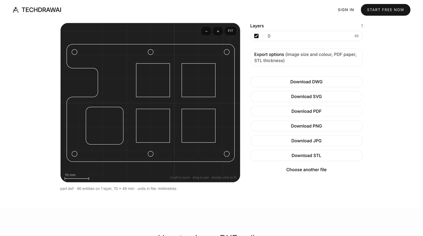TechDraw AI's DXF viewer showing the flat pattern of the test plate, with the status line reading part.dxf, 46 entities on 1 layer, 70 by 49 mm, units in file: millimetres