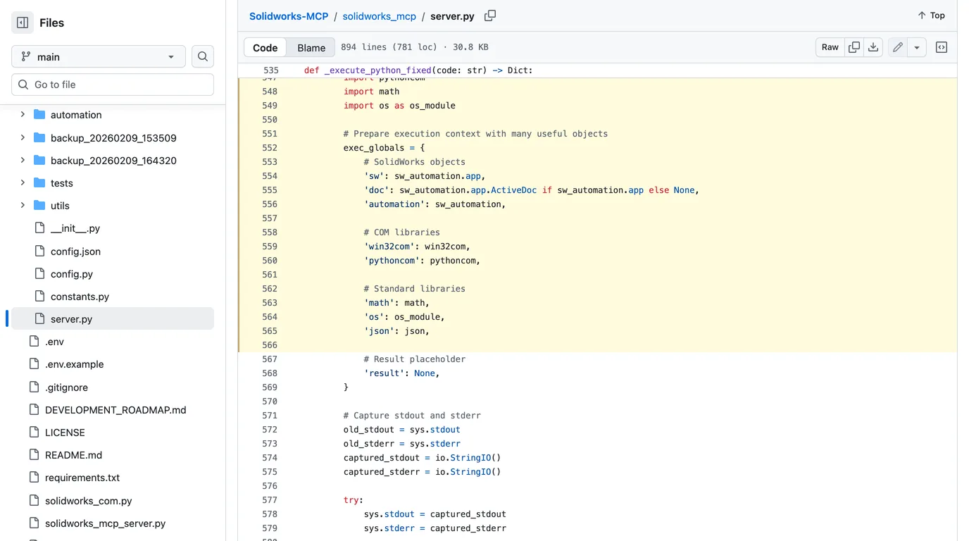 Lines 535 to 569 of solidworks_mcp/server.py on GitHub, showing the execute_python tool building an execution context that includes the SolidWorks application, win32com and the os module
