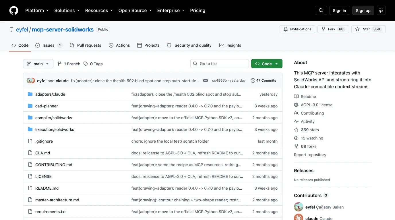The GitHub page of eyfel/mcp-server-solidworks, known as SolidPilot, showing 359 stars, 68 forks, an AGPL-3.0 license and a commit made yesterday by the author together with Claude