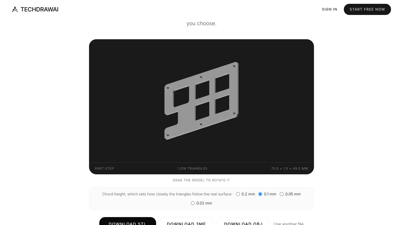 TechDraw AI's STEP to STL converter showing the test plate rendered in 3D, with the status line reading PART.STEP, 1,016 triangles, 70.0 by 1.5 by 49.0 mm