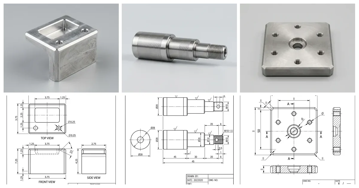A montage: a top row of three machined parts — a milled aluminium bracket, a turned stepped shaft with a thread, and a tapped steel plate — above a bottom row of the matching 2D orthographic technical drawings generated from each