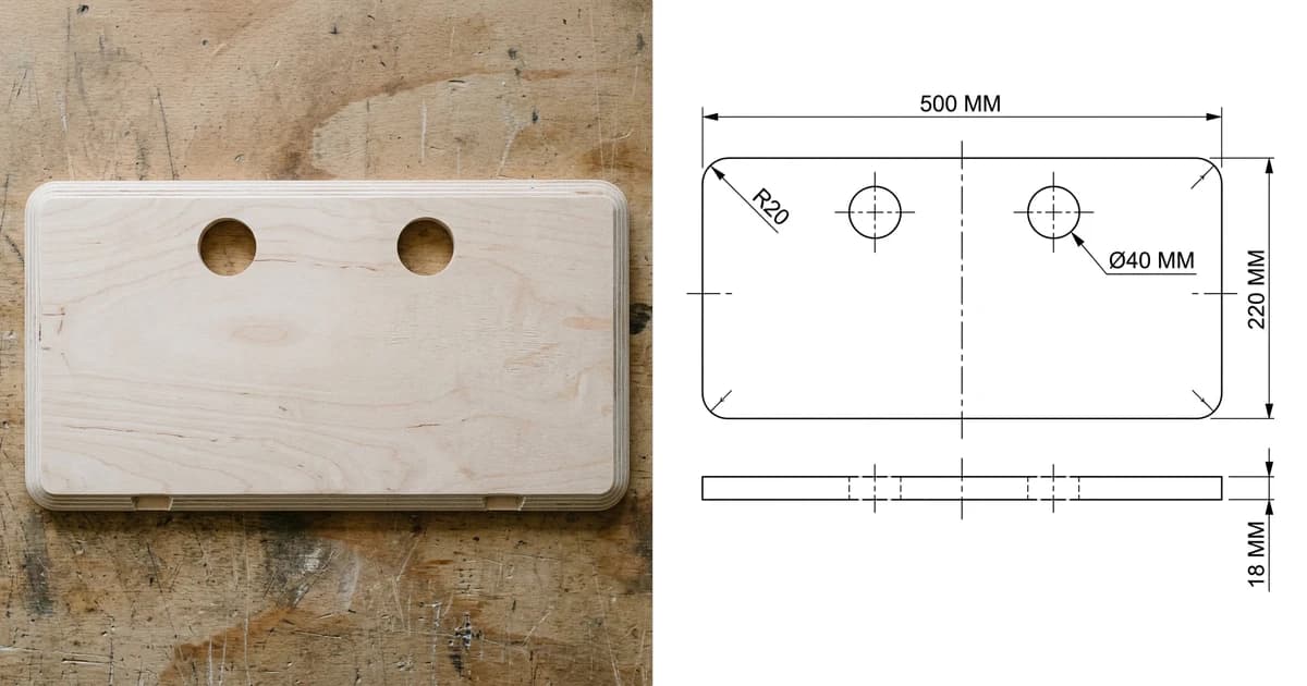 A CNC-cut baltic birch plywood monitor riser plate with two cable holes on a workbench on the left and, on the right, the dimensioned plan and edge view generated from the photo: 500 by 220 mm, 18 mm thick, two 40 mm holes, R20 corners