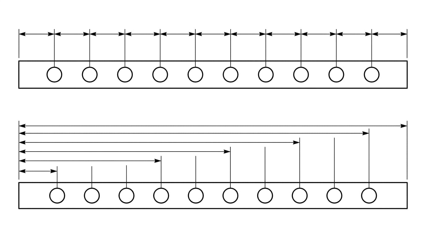 Comparison of chain dimensioning at the top, measured end to end, and baseline dimensioning at the bottom, measured from one common datum edge, on a row of holes