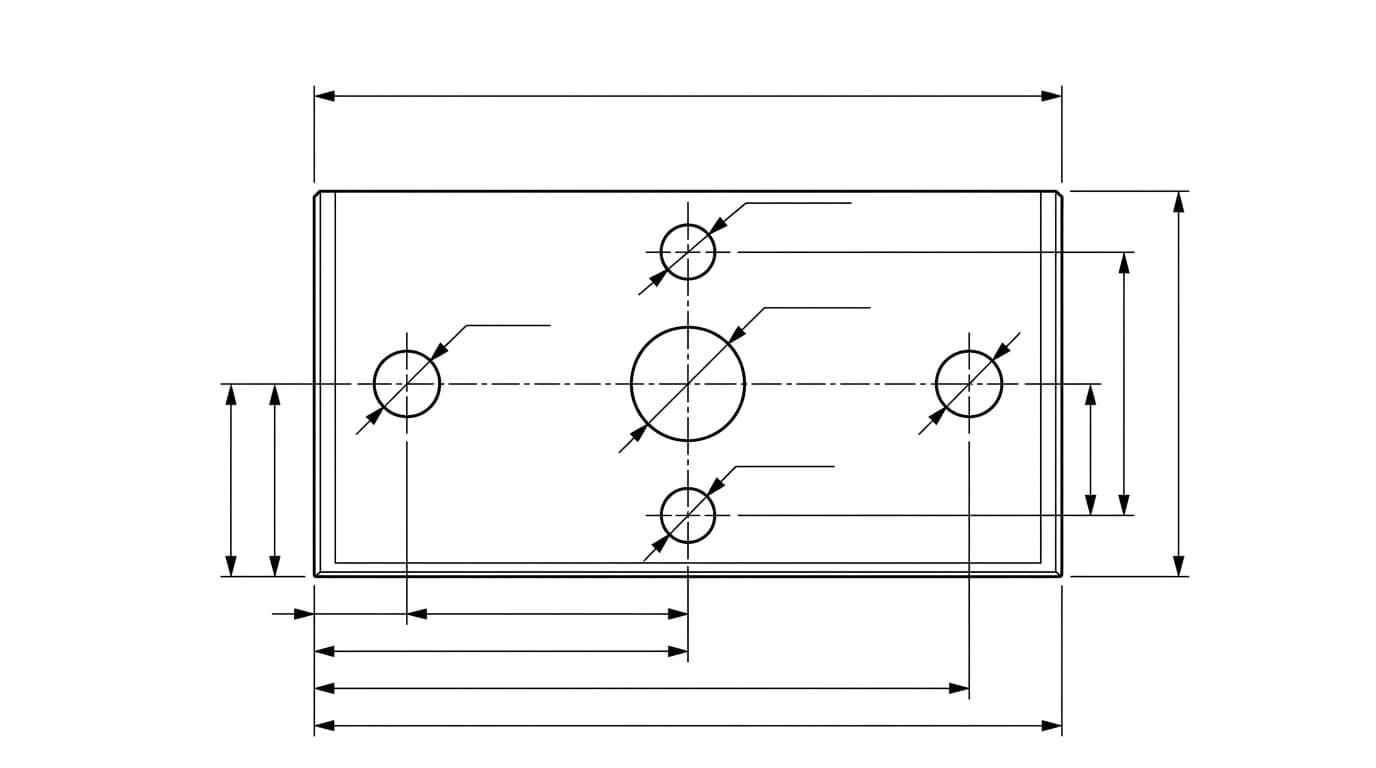 Technical drawing of a plate with holes, showing dimension lines, extension lines and arrowheads