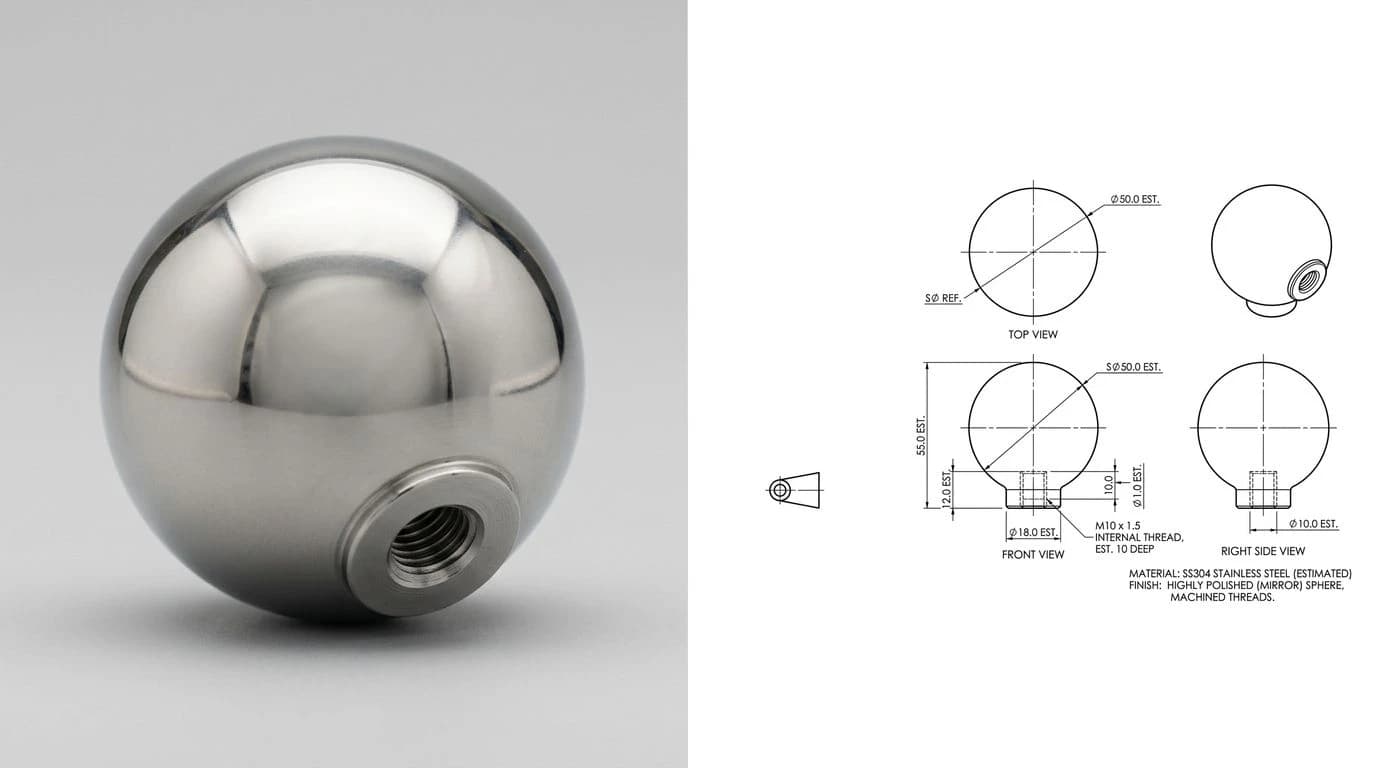 A photo of a polished steel ball knob on the left and its technical drawing on the right, dimensioned with a spherical diameter callout