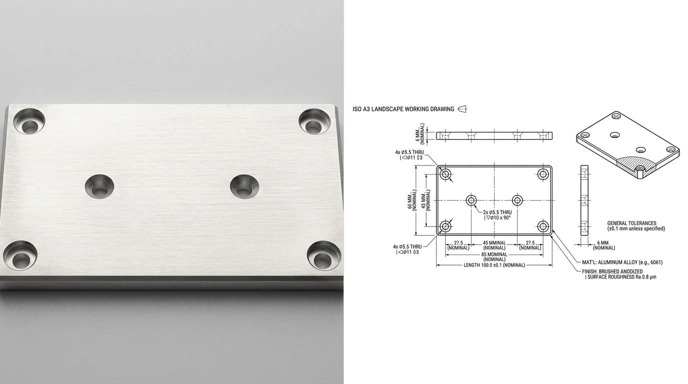 A photo of a machined aluminium cover plate with counterbored and countersunk holes on the left and its technical drawing on the right, with counterbore and countersink hole callouts