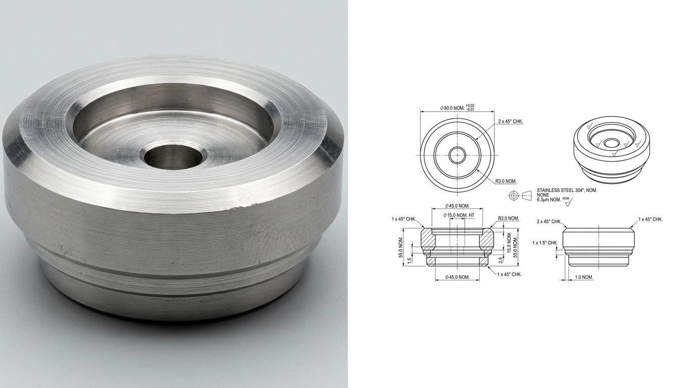 A photo of a machined steel end cap on the left and its dimensioned technical drawing on the right, with diameter, radius and chamfer callouts visible