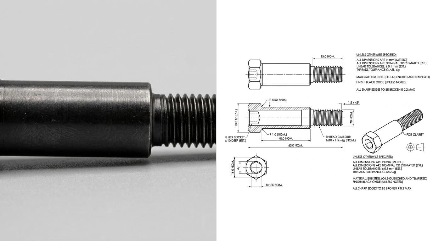 A photo of a steel hex-head shoulder bolt on the left and its technical drawing on the right, with a metric thread callout and an under-head radius