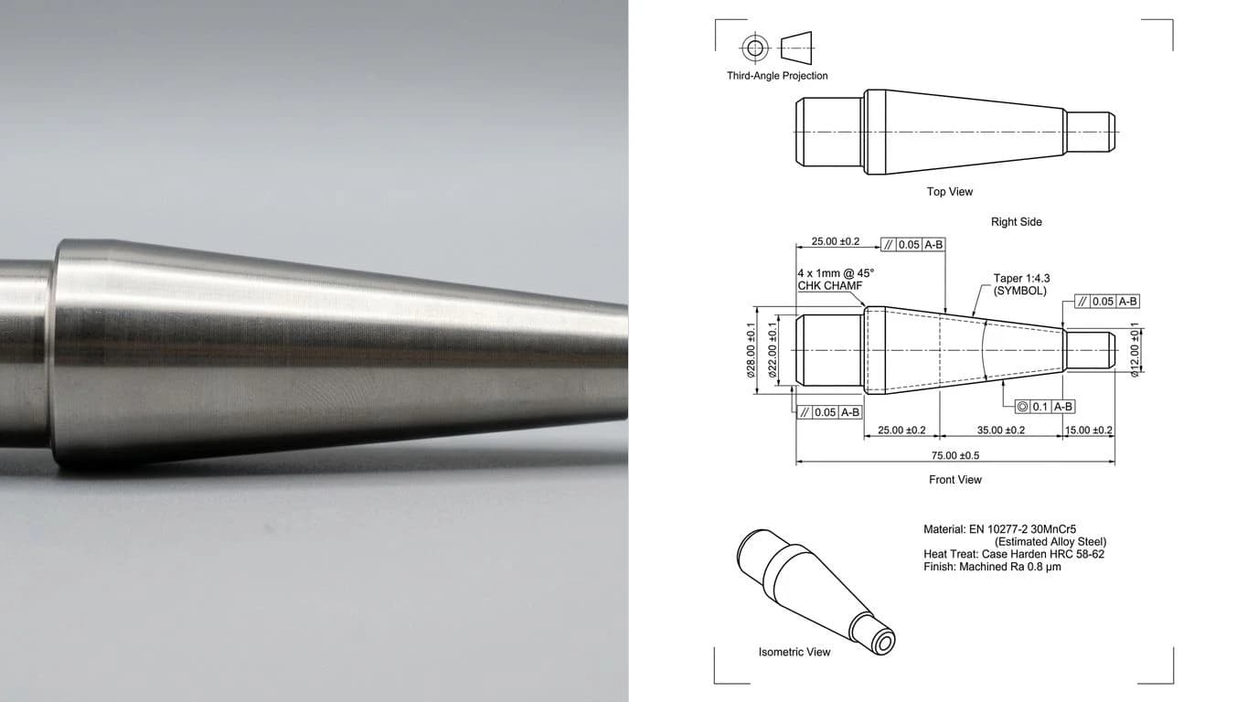 A photo of a machined steel tapered cone adapter on the left and its technical drawing on the right, with a conical taper ratio callout