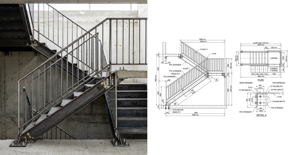 A photo of a fabricated steel staircase with a half landing on the left and the shop drawing generated from it on the right, showing elevation, plan and an enlarged connection detail