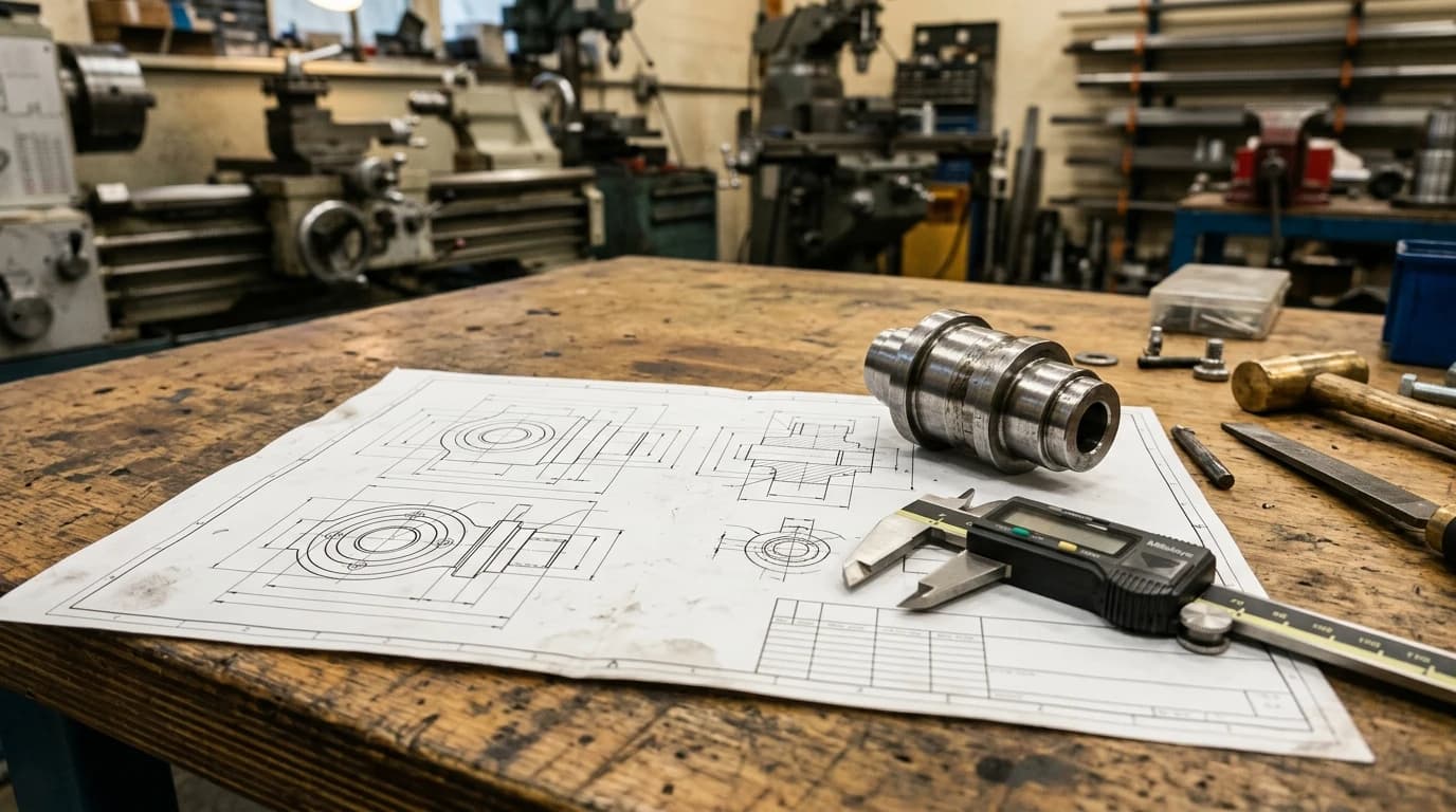 A printed technical drawing sheet lying on a machinist's workbench with a digital caliper and a machined steel part resting on it