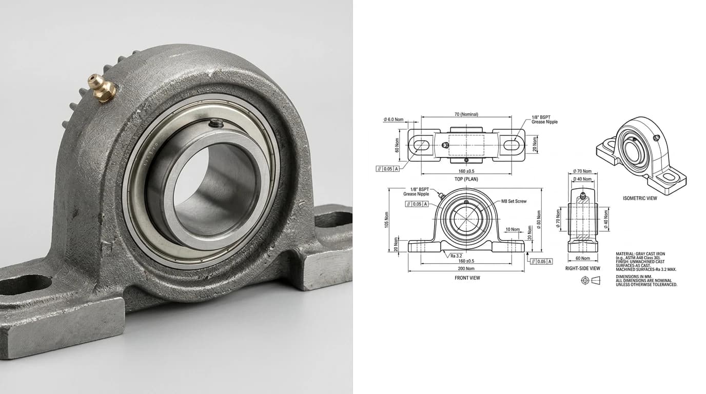 A cast iron pillow block bearing housing photographed on the left, and the dimensioned working drawing of the same part on the right