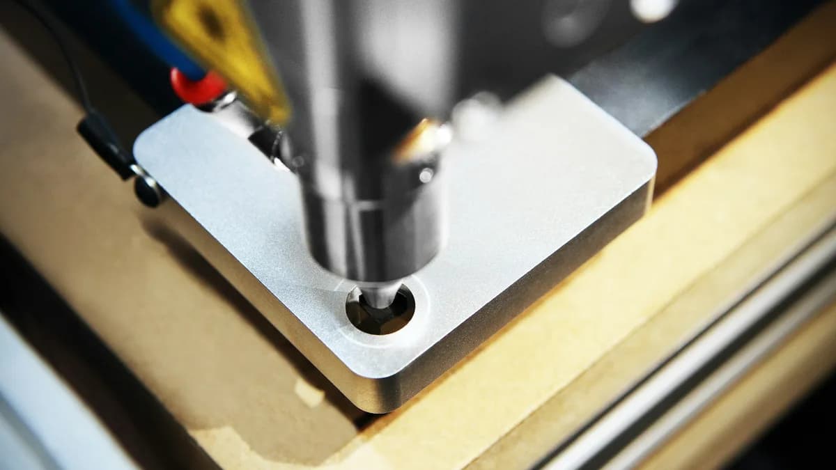 Close-up of an industrial laser cutting head, the kind of machine that reads a DXF and where a wrong-scale file shows up as a part cut too small or too large