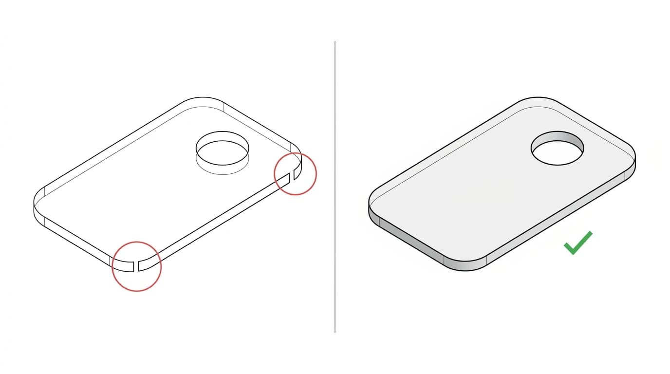 A close-up of a vector outline with a tiny gap between two endpoints highlighted as an open contour next to the same corner drawn as a single closed loop that will cut