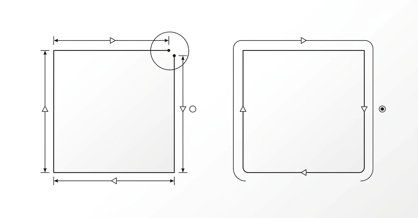 Two identical square outlines side by side: the left one has a visible gap at one corner where the endpoints do not meet, labelled as an open path; the right one is a continuous closed loop that will cut