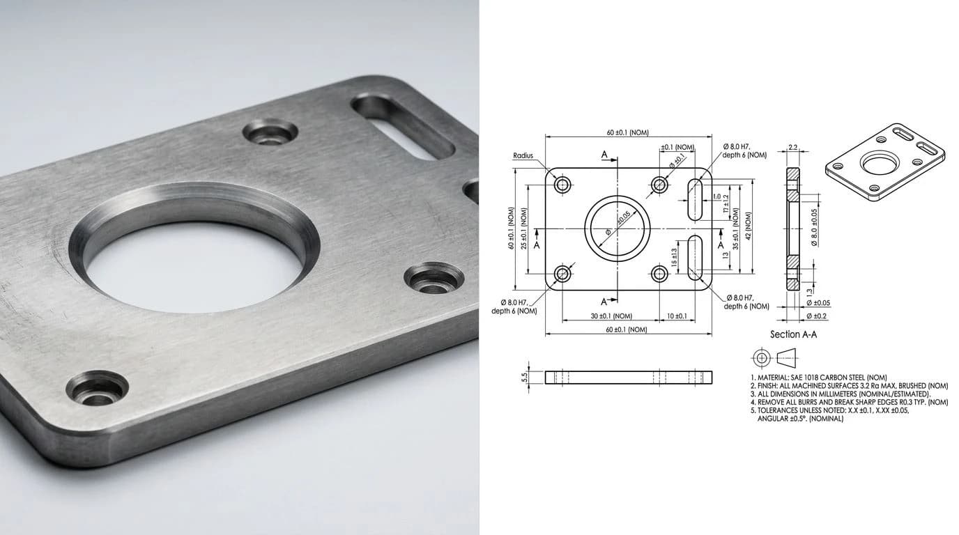A photo of a metal part on the left and the 2D technical drawing generated from it on the right, whose outer profile and holes are each a single clean closed loop ready to export as a cut-ready DXF