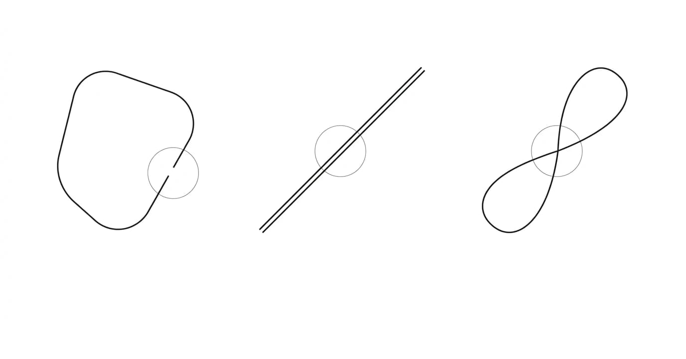 A diagram of three broken vector shapes: one with a small gap between endpoints, one with two lines overlapping and doubled along the same edge, and one where a single path crosses over itself