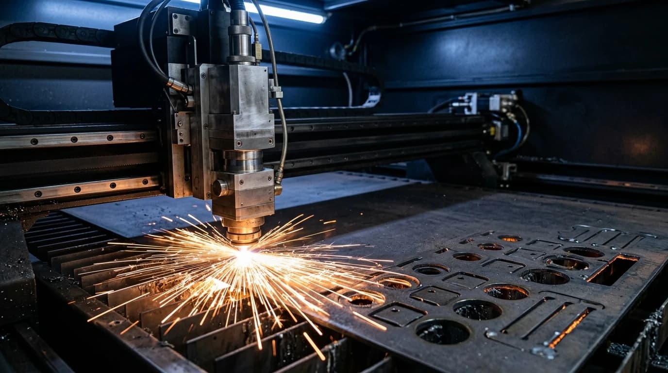 A fiber laser cutting head cutting hole and slot contours in a steel sheet with sparks flying