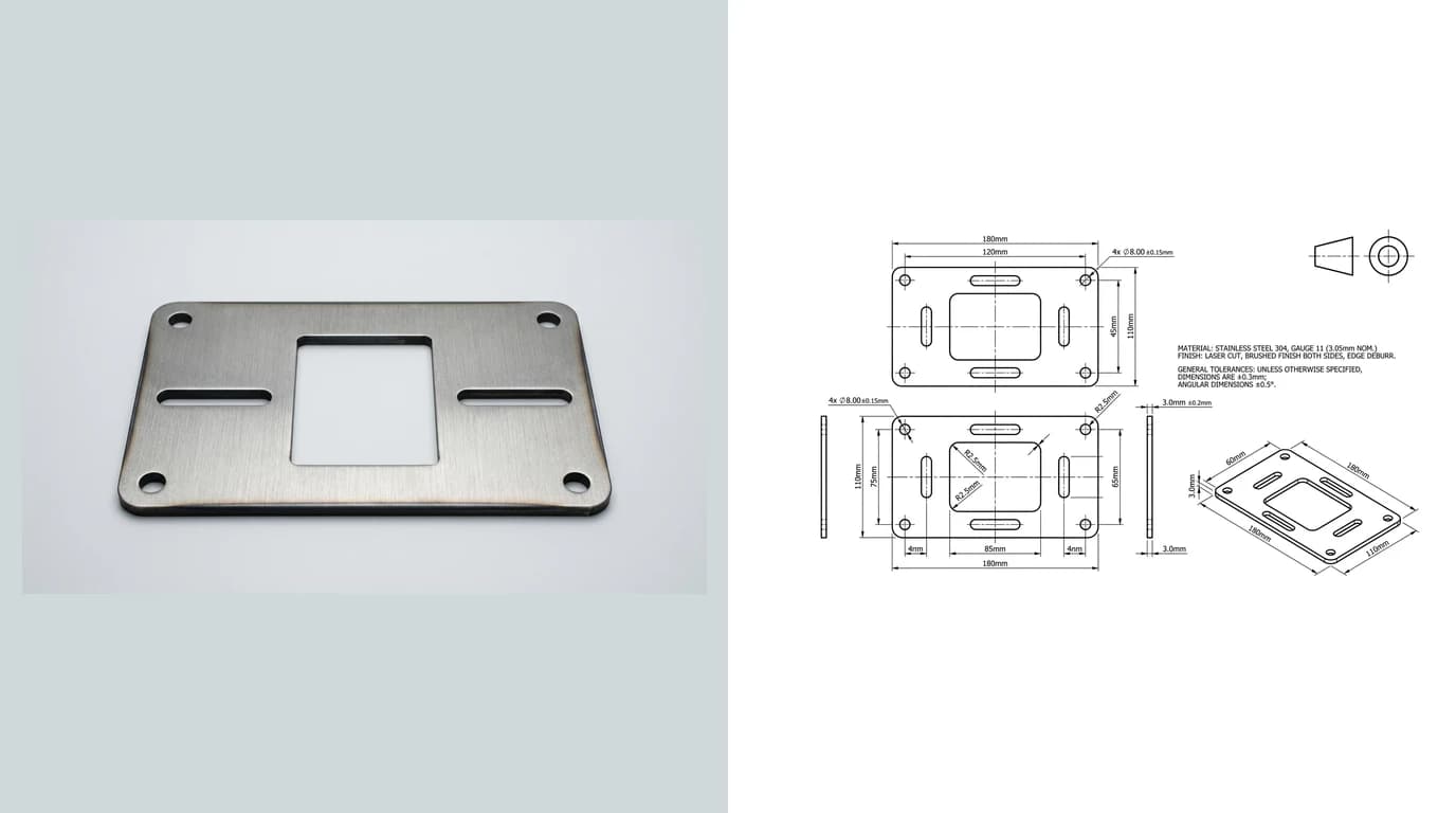 A laser-cut steel mounting plate photographed on the left and its dimensioned flat-pattern drawing on the right, the geometry a DXF stores and a PDF displays