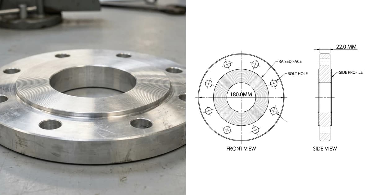 A photo of a machined aluminium pipe flange on the left and the engineering drawing produced from it on the right, showing a front view and a side view with the outside diameter and thickness dimensioned